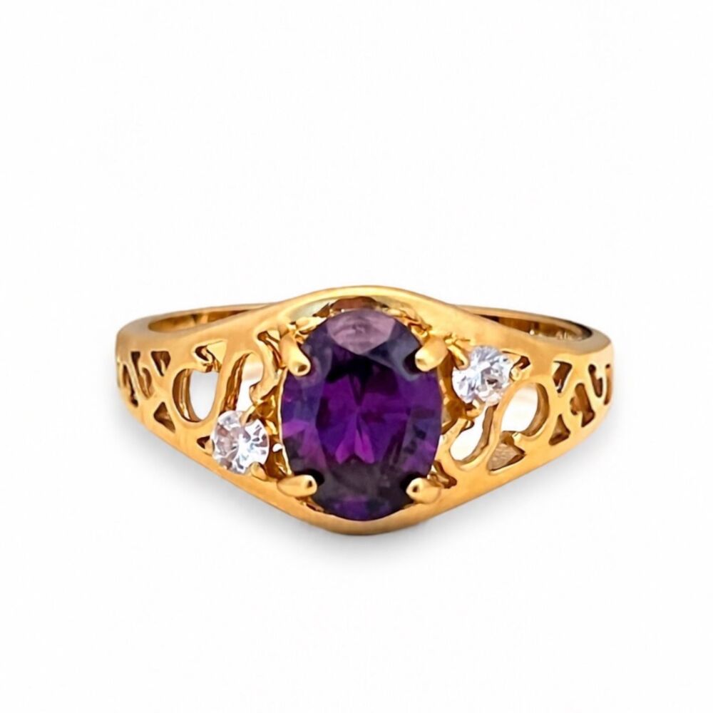 Vintage 1970s Ring Size 7 Purple CZ Filigree Prong Set Gold Plated - 14A